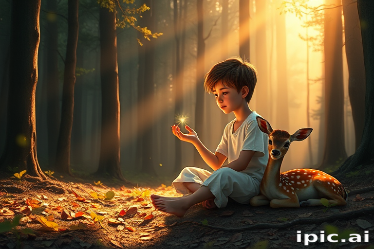 A luminous digital painting of a serene forest scene featuring a barefoot young boy, about 7 years old, with brown hair and fair skin, dressed in a simple white outfit. He sits cross-legged on the forest floor, gazing at a small, glowing, magical firefly in his hand. Beside him, a delicate spotted deer lies calmly on a bed of dried leaves, observing the scene. The dense forest is bathed in warm, golden light filtering through the trees, creating a peaceful, magical atmosphere with a blend of natural and mystical elements.