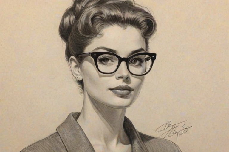 Stunning Courtney Peldon, pencil sketch, portrait of Sublime woman 1958s in glasses, hair style beatnik, outline, clear lines, fine lines, 8k