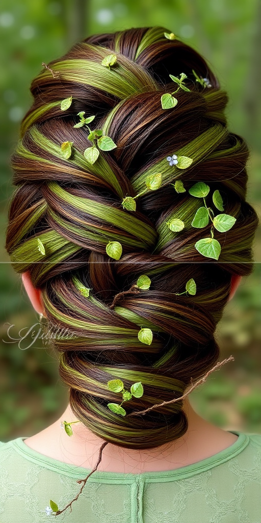 Enchanted Forest Twisted Updo incorporating various shades of green and brown, adorned with tiny leaf-shaped hair accessories and delicate vines woven throughout