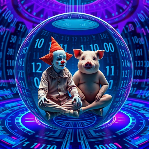 Create an image of a surreal scene featuring a humanoid clown sitting beside a pig-like creature meditating inside a digital sphere, surrounded by swirling binary code, with vibrant blue and purple colors, using a DSLR camera with a 50mm lens, aperture f/1.8, ISO 100, and a wide-angle view to enhance depth and focus on details.