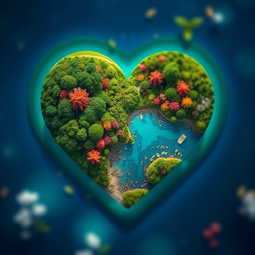 create an image of a heart-shaped world made of lush forests and oceans with vibrant colors, shot with a DSLR camera at f/8, ISO 100, 50mm lens, using a shallow depth of field for an artistic blur effect