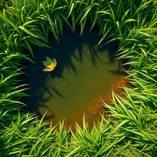 Create a vibrant digital illustration of a pond surrounded by lush green grass, captured with a Canon EOS 5D Mark IV, using a 50mm f/1.8 lens, aperture set to f/4 for depth of field, ISO 200, natural lighting, top-down view, to enhance clarity and color saturation.