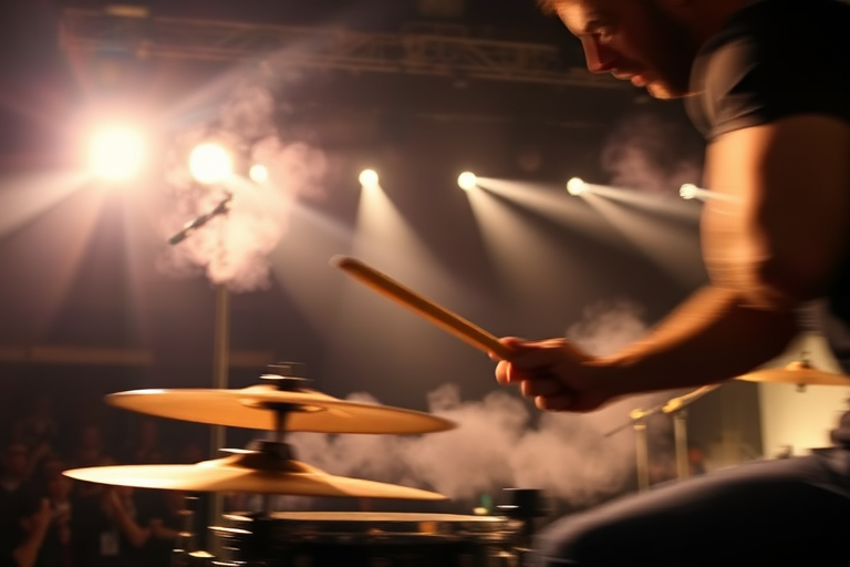 Blurry, high-energy shot of a drummer mid-performance, drumsticks caught in motion, with dramatic stage lights casting long shadows and smoke billowing from the stage in the background.