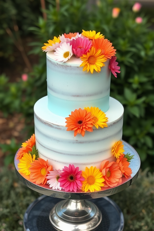 A two-tiered cake with a light blue frosting decorated with colorful edible flowers in shades of pink yellow and orange placed on a silver cake stand outdoors surrounded by greenery