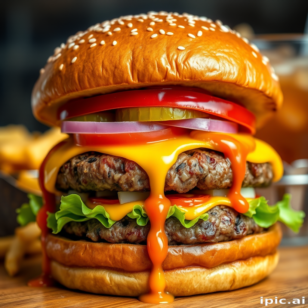 High-resolution, close-up image of a gourmet double cheeseburger. The burger features a glossy, sesame-seed-topped brioche bun. Inside, there are two thick, juicy beef patties, each topped with melted cheddar cheese. The burger is garnished with fresh lettuce, tomato slices, diced onions, and pickles. A generous amount of ketchup and a creamy, orange-colored sauce is dripping down the sides, adding to the mouth-watering appeal. In the background, there are blurred elements including a side of golden French fries and a hint of a beverage, enhancing the overall presentation of a delicious meal.