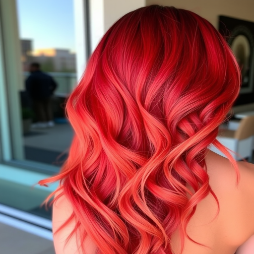 Fiery crimson ombre fades into warm coral tips, styled in voluminous beach waves that evoke the image of a breathtaking sunset, radiating warmth and passion.