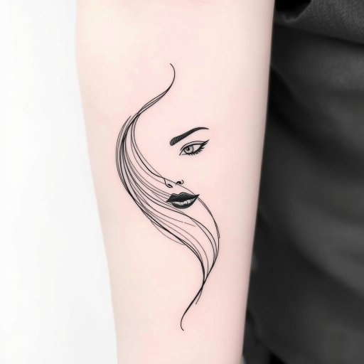 Minimalist single-line tattoo titled "Fluid Essence" using continuous thin black lines to create a flowing portrait that captures emotion and movement in its simplicity
