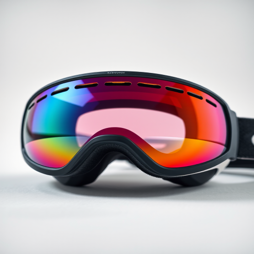 Create a high-resolution image of a pair of ski goggles with a reflective visor, using a Canon EOS R5 with a 50mm f/1.2 lens, aperture set to f/2.8, ISO 100, in a well-lit studio environment with softbox lighting, capturing a clean and sharp view.