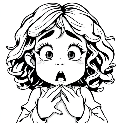The image is a black and white illustration of a young girl with curly hair. She has a surprised expression on her face with her mouth open and her hands clasped together in front of her chest. Her eyes are wide and her eyebrows are furrowed. Her hair is styled in loose curls that are cascading down her back. The overall mood of the image is one of shock or surprise.