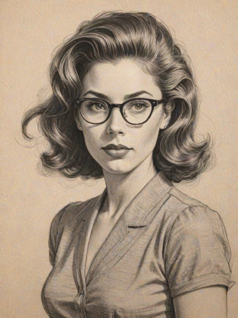 Stunning Jessica Williams, pencil sketch, portrait of Beauteous woman 1947s in glasses, hair style beatnik, outline, clear lines, fine lines, 8k