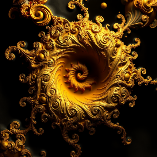 Regenerate a fractal art image featuring golden swirling patterns and intricate designs, taken with a DSLR camera, 50mm lens at f/1.8, ISO 100, in a dark room with controlled lighting to enhance vivid colors and contrast.