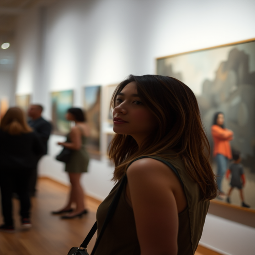 Blurry candid shot of a woman exploring an art gallery, softly illuminated by the artwork on display, her expression one of curiosity as she admires a large abstract painting.