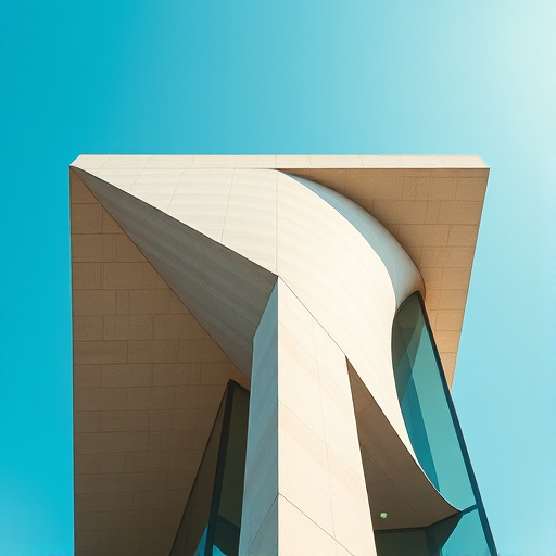 Capture a high-resolution shot of an abstract modern architectural structure against a clear blue sky using a Canon EOS R5 with a 24-70mm f/2.8 lens at f/11, ISO 100, and a shutter speed of 1/200 sec, utilizing a wide-angle view for dynamic composition and enhanced detail.
