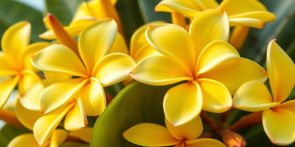 Regenerate a vibrant tropical flower arrangement featuring yellow plumeria blossoms with green leaves, captured with a Canon EOS 5D Mark IV, f/2.8 aperture, 50mm lens, in natural light, close-up view for enhanced detail and color richness.