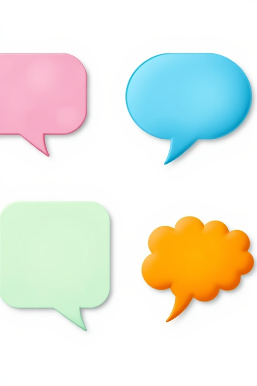Create a high-resolution illustration of four colorful speech bubbles: one pink, one blue, one orange with a cloud shape, and one light green, using a DSLR camera with a 50mm lens, f/1.8 aperture, ISO 100, and natural lighting, with a clean white background for enhanced contrast and clarity.