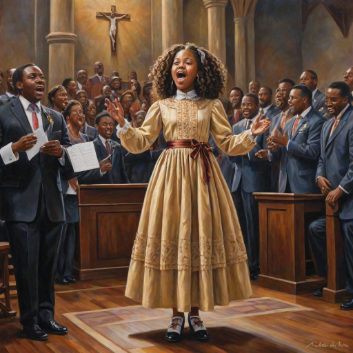 oil painting realistic a cute African American girl singing a gospel song, her hair is in ringlets with a ribbon, she is wearing a beautiful dress with matching shoes, she is standing on a stage in a church with a black choir, music notes. vibrant colors highly detailed