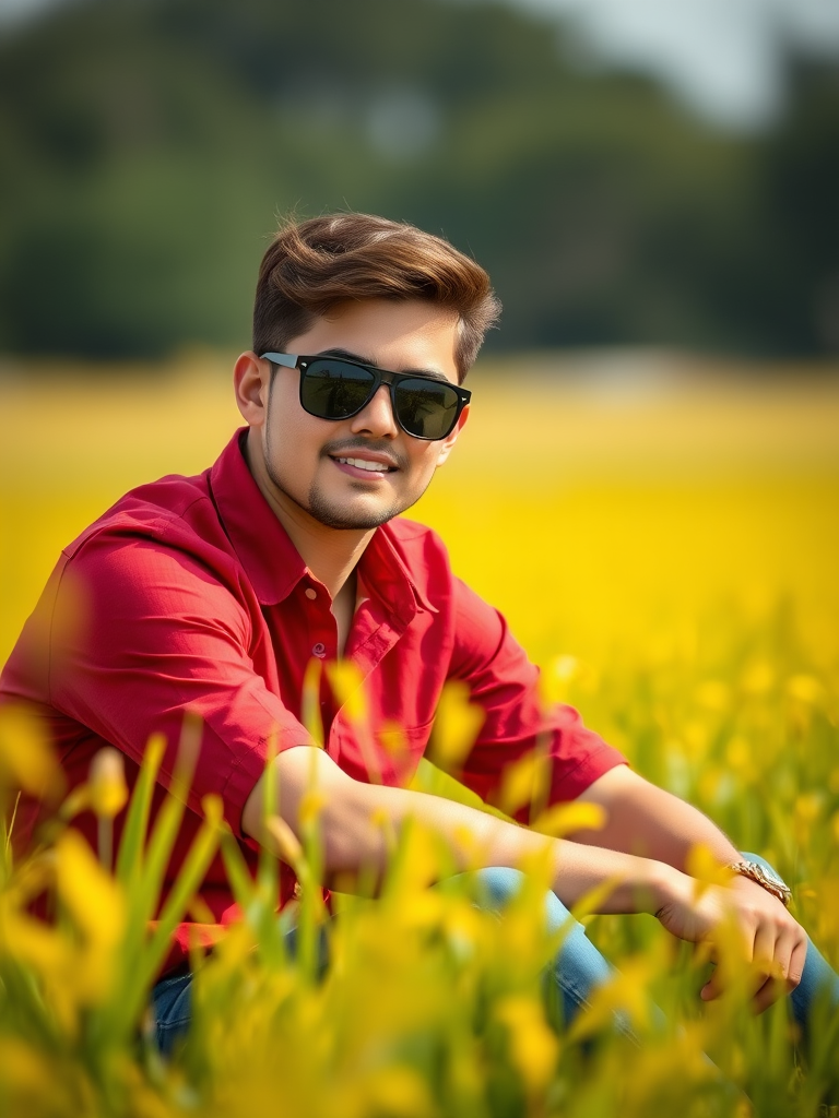 portrait of a young man sitting in a field wearing sunglasses and a red shirt with a relaxed expression shallow depth of field focus on subject with vibrant yellow grass in background shoot with a Canon EOS 90D at f/2.8, ISO 100, shutter speed 1/500, shot in natural light