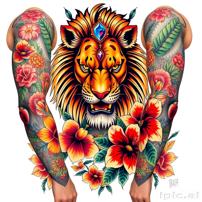 Neo-traditional full sleeve tattoo depicting a fierce lion with a majestic mane, adorned with jewels and surrounded by lush tropical flowers in bold, saturated colors