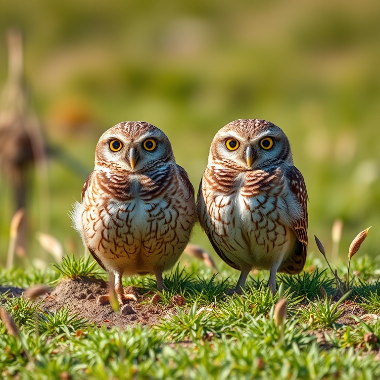 Generate a high-resolution image of two burrowing owls standing on a grassy ground, captured with a Canon EOS R5 at f/2.8, 1/500 sec, ISO 400, using a 50mm lens in natural light for a vibrant and detailed look.