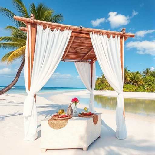 Create a picturesque tropical beach scene featuring a serene, white sandy shore. In the foreground, there's a rustic wooden canopy with white drapes gently flowing in the breeze. Underneath the canopy, a table is set with tropical decor, evoking a sense of relaxation and leisure. The beach extends into a calm, shallow water area with reflections of the sky and surroundings. Palm trees and lush greenery line the edge of the beach, providing a natural, tropical backdrop. The sky is clear with a few scattered clouds, and the overall atmosphere is tranquil and inviting, perfect for a peaceful retreat.