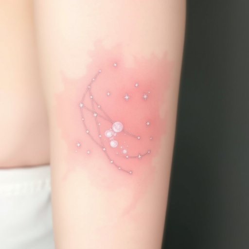Ethereal white ink tattoo titled "Celestial Whisper" depicting a constellation of delicate stars and swirling nebulae, barely visible against the skin, creating a subtle and dreamy effect that appears to shimmer and change with movement and light
