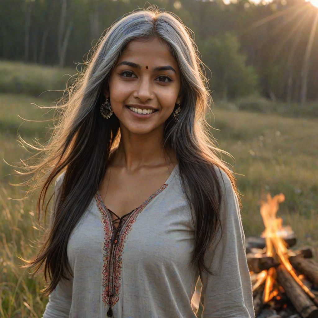 ultrarealistic, beautiful Indian woman, Indian pirouette on her head, gray hair, long straight hair, the sun gently illuminates her hair. Ultrarealistic skin, stands in the meadow, 1 girl, age - about 25 years old, swarthy complexion, ultrarealistic skin, smiles gently, stands near the campfire. She looks sexy