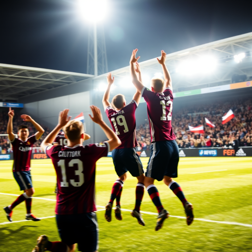 Blurry action shot of a soccer team celebrating a goal, players jumping in mid-air, arms raised in victory, stadium lights casting harsh shadows, and distant fans waving flags and cheering loudly.