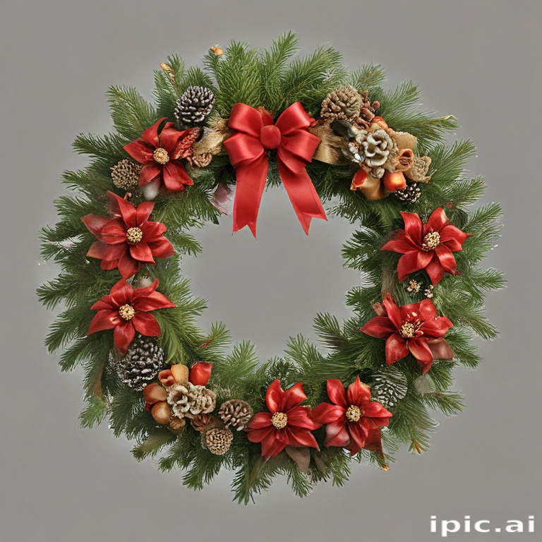 Beautifully Decorated Holiday Wreath with Red Flowers and Pine Cones