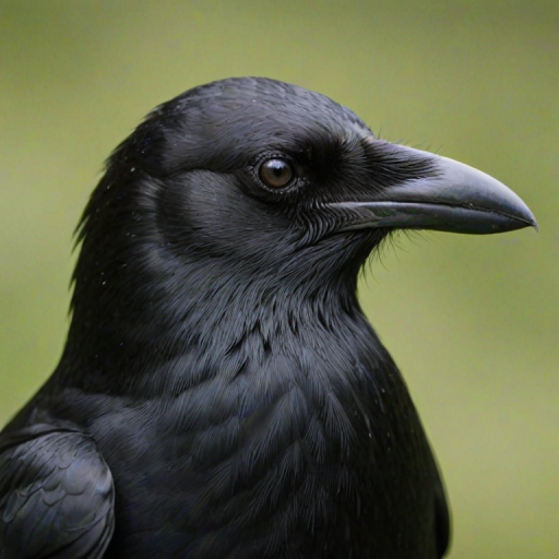 a close-up of a black crow with a blurred green background, showcasing its sleek feathers and sharp beak