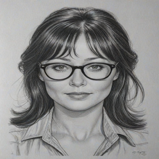 Comely Shannen Doherty, pencil sketch, portrait of Appealing woman 1970s in glasses, hair style beatnik, outline, clear lines, fine lines, 8k