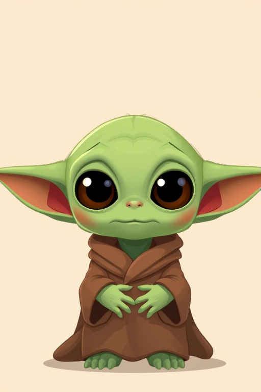Create a high-resolution digital illustration of a cute green alien with large expressive eyes, wearing a brown robe, set against a soft beige background, captured with a Canon EOS R5, 50mm lens at f/1.8, with a shallow depth of field to blur the background and highlight the character's features, employing a vibrant color palette and smooth lines for a playful cartoon style.