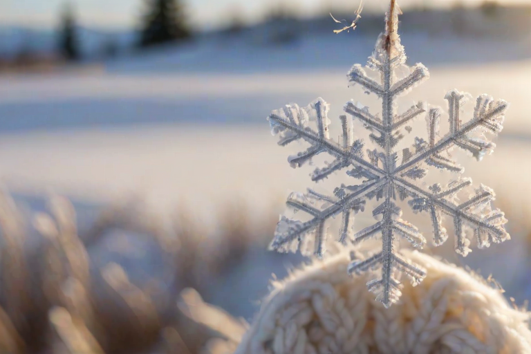 Close-up of a delicate snowflake resting on a woolen mitten, soft natural light illuminating the intricate details, with a snowy landscape softly blurred in the background and a sense of peaceful stillness.