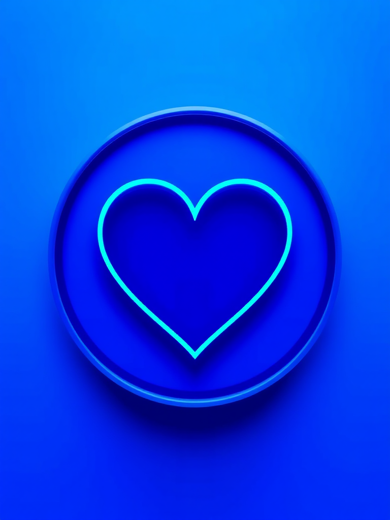 Create a high-resolution image of a blue circular icon featuring a dark blue heart in the center with a light blue outline, using a Canon EOS 5D Mark IV, f/8 aperture, 1/125 shutter speed, ISO 100, with a focus on vibrant colors and smooth gradients.