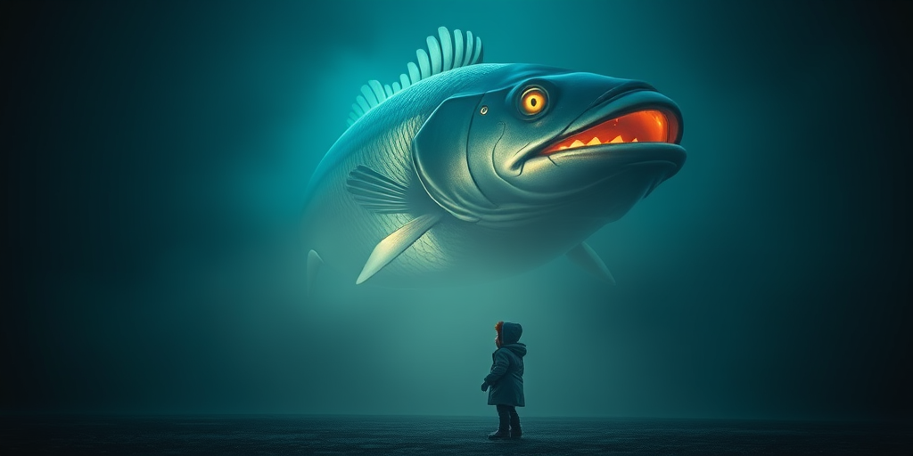 Create a surreal scene of a giant, luminescent fish with an ominous expression floating in a misty, dimly lit environment, featuring a small child in winter clothing, standing in awe before it, captured with a DSLR camera, 35mm lens, f/2.8 aperture, ISO 400, low-angle view, soft focus background for depth, enhancing the mystical atmosphere.
