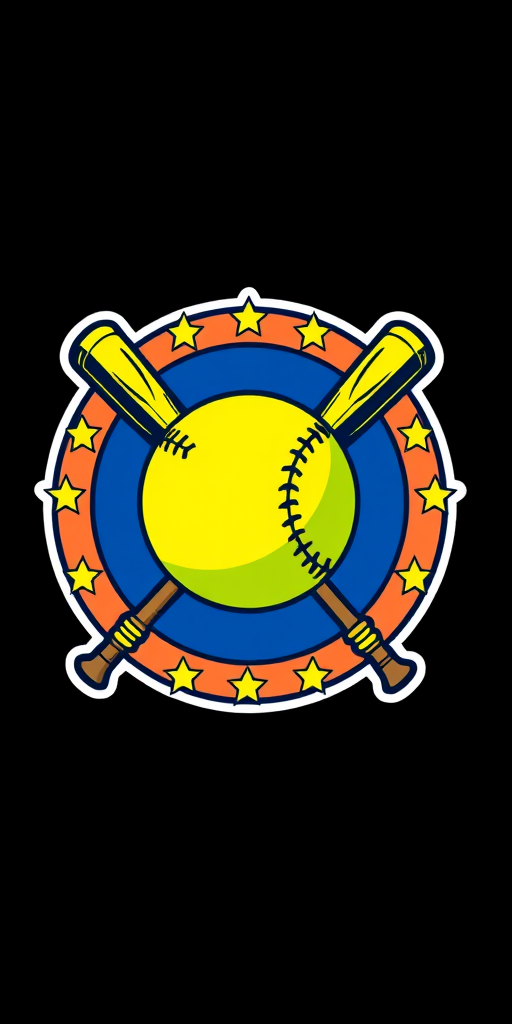Create a vibrant logo featuring a yellow softball centered within a circular design, crossed baseball bats in the background, surrounded by stars, use a DSLR camera with a 50mm lens, aperture set to f/2.8, ISO 100, and natural lighting for enhanced clarity and detail.