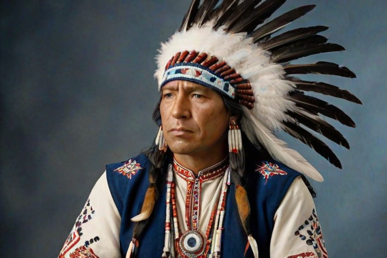 Create a dignified portrait of a Native American man dressed in traditional attire. He wears a beautifully crafted headdress adorned with white feathers and red beads, along with a beaded headband featuring intricate patterns. His clothing includes a deep blue, patterned shirt and a traditional chest piece with detailed beadwork. His arms are crossed, displaying leather armbands decorated with feathers. The background is simple and neutral, emphasizing his proud and stoic expression. The overall image captures the rich cultural heritage and strength of his persona.