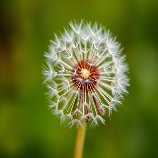 macro shot of a dandelion seed head with a blurred green background, camera settings: ISO 200, f/2.8, 1/200s, camera view: close-up, camera style: natural light, camera type: DSLR