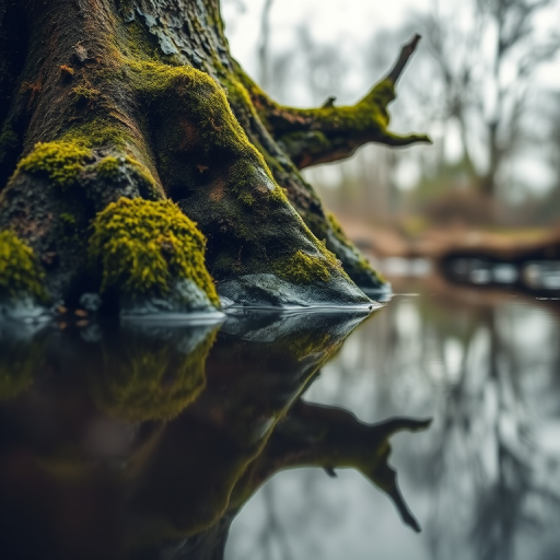 Capture a close-up of a moss-covered tree root reflecting in a calm puddle, with a shallow depth of field, using a DSLR camera, f/2.8 aperture, 50mm lens, ISO 100, and a soft, natural lighting from an overcast sky.