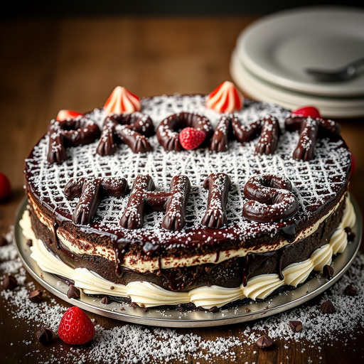black forest gateau cake spelling out the words "PROMPT THIS", tasty, food photography, dynamic shot