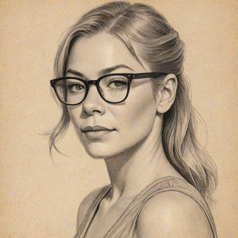 Fetching LeAnn Rimes, pencil sketch, portrait of Enticing woman 1923s in glasses, hair style beatnik, outline, clear lines, fine lines, 8k
