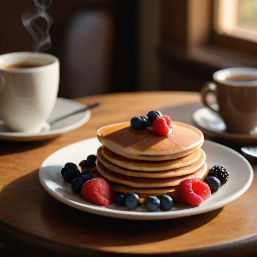 Warmly lit photo of a cozy breakfast scene, with soft golden light illuminating a plate of pancakes topped with fresh berries, maple syrup, and a steaming cup of coffee.