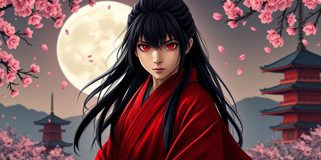 Create an image of a young samurai with long black hair and red eyes, wearing a traditional red kimono, standing against a full moon background with cherry blossom petals falling, in a Japan-inspired landscape with silhouettes of pagodas, captured with a DSLR camera at f/1.8, ISO 100, 50mm lens, with a focus on sharp details and vibrant colors.