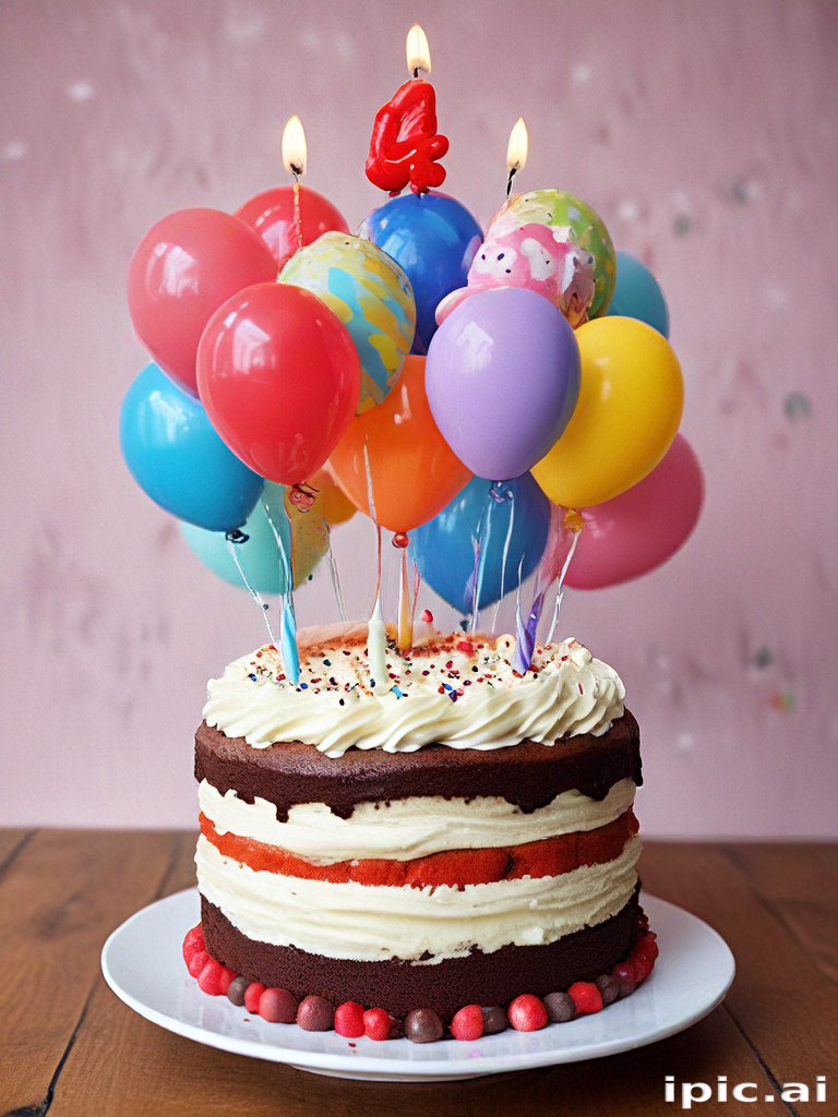 Colorful Birthday Cake Surrounded by Balloons and Celebratory Candles