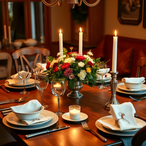 Warmly lit photo of a beautiful wooden dining table set for a holiday meal, with a centerpiece of fresh flowers, soft candlelight casting a warm glow on elegant dinnerware.