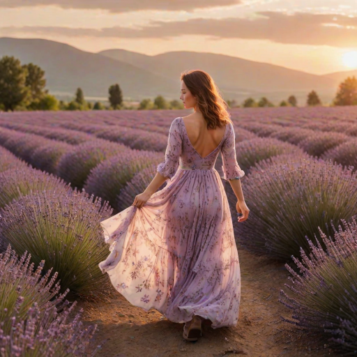 Soft-focus image of a woman walking through a lavender field at sunset, her dress billowing in the breeze, with soft purple flowers stretching out in every direction under a golden sky.