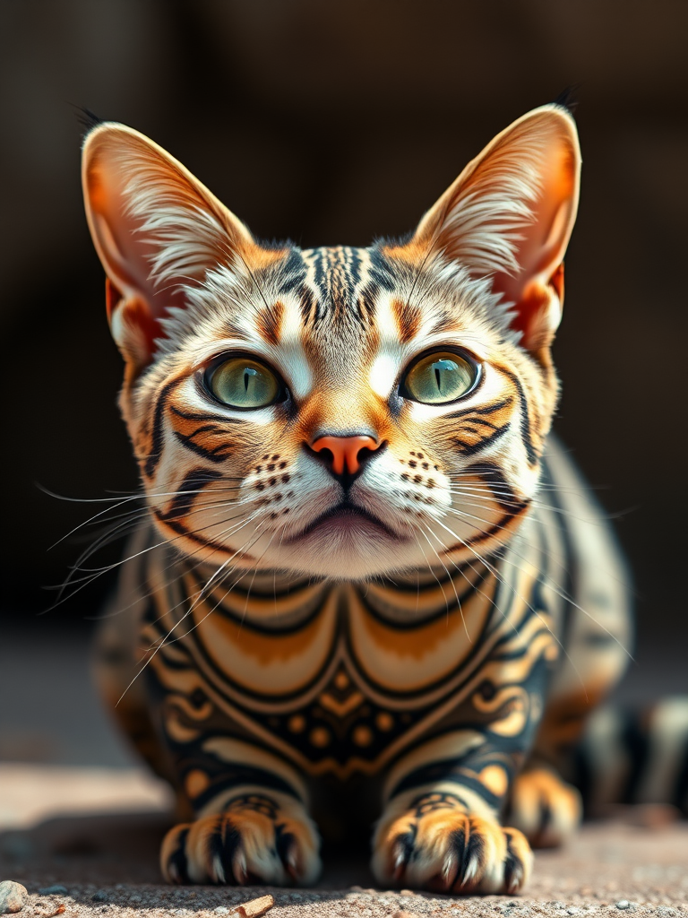Generate a high-quality image of a stylized cat with intricate patterns, using a DSLR camera at f/2.8 aperture, 50mm lens, ISO 100, shot in natural light from a front view, with a shallow depth of field to enhance details and colors.