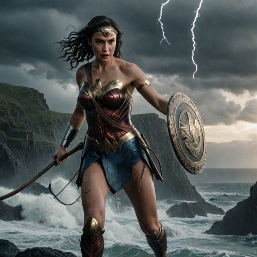 Powerful image of Gal Gadot, Wonder Woman herself, with flowing dark hair and determined expression, wielding her iconic lasso, poised for battle on a cliff overlooking a stormy sea with lightning flashing in the distance
