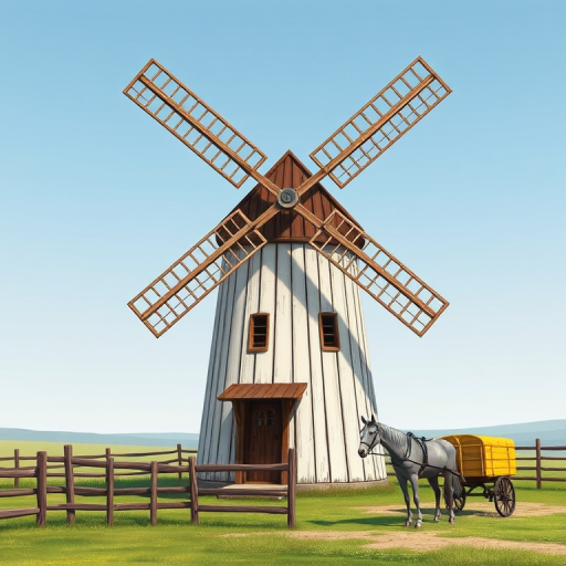 Create a high-resolution illustration of a traditional windmill with four large blades, featuring a wooden structure painted white with a brown roof, surrounded by a wooden fence, a yellow cart, and a gray horse, using a DSLR camera with a 50mm lens at f/8, ISO 200, 1/100s, shot from a slightly elevated perspective to capture a scenic view.