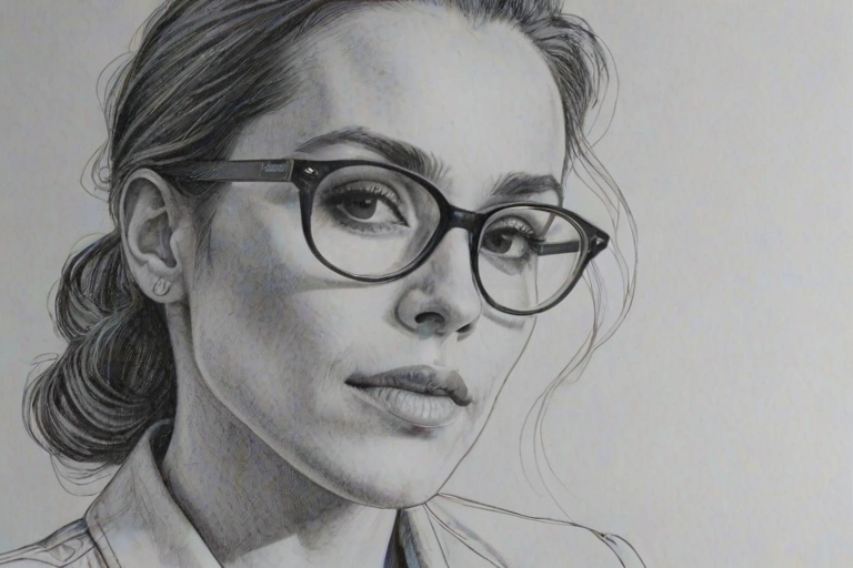 Resplendent Noomi Rapace, pencil sketch, portrait of Resplendent woman 1947s in glasses, hair style beatnik, outline, clear lines, fine lines, 8k