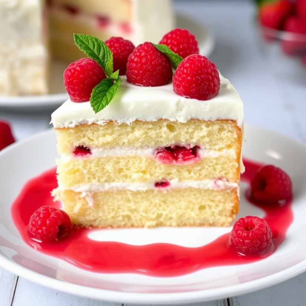 A slice of raspberry coconut cake with creamy white frosting topped with fresh raspberries and mint leaves served on a white plate with raspberry sauce around it showcasing the layered texture and vibrant colors of the dessert.